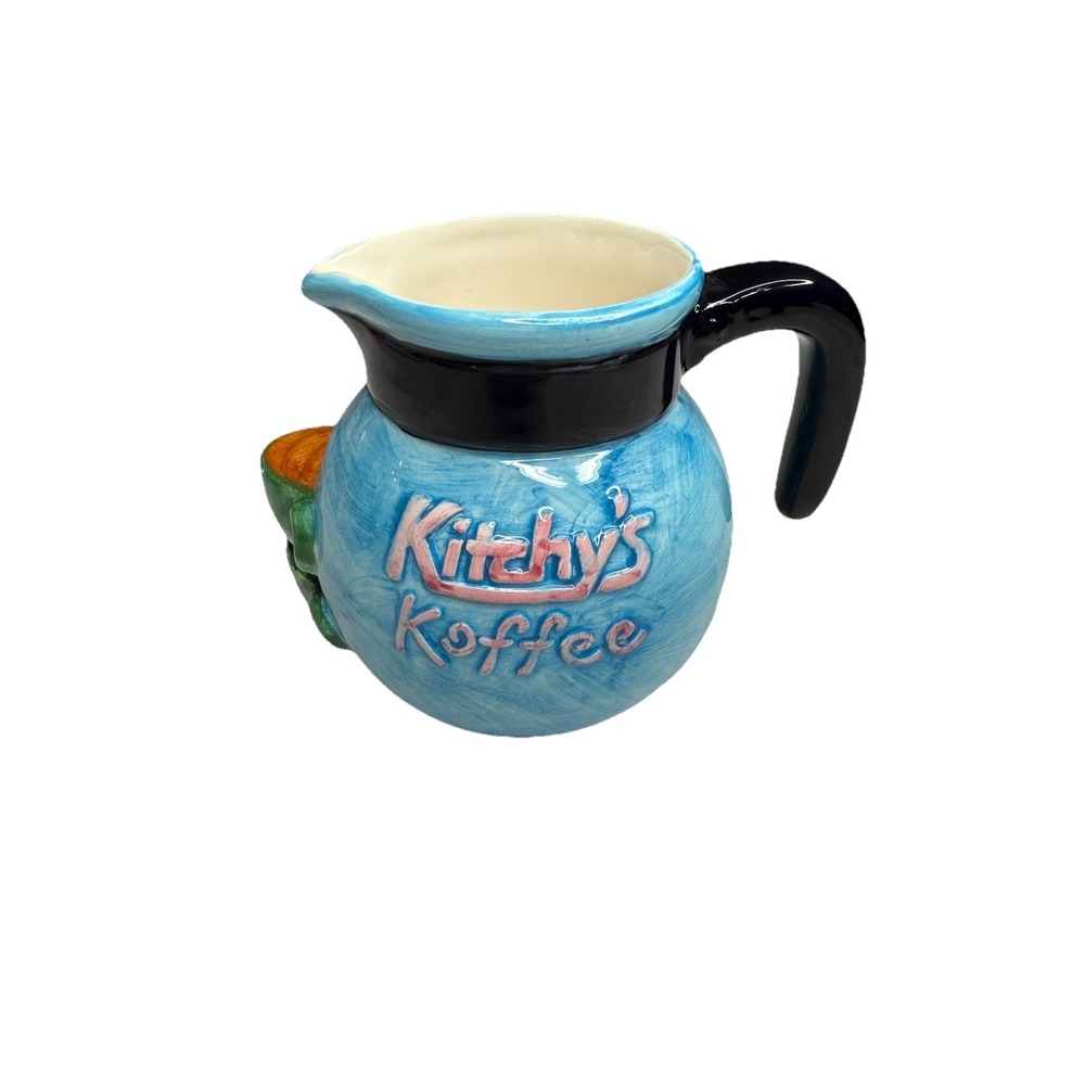 Fitz and Floyd Omnibus Kitchy Coffee Ceramic Pitcher Creamer Small‎ Planter Blue
